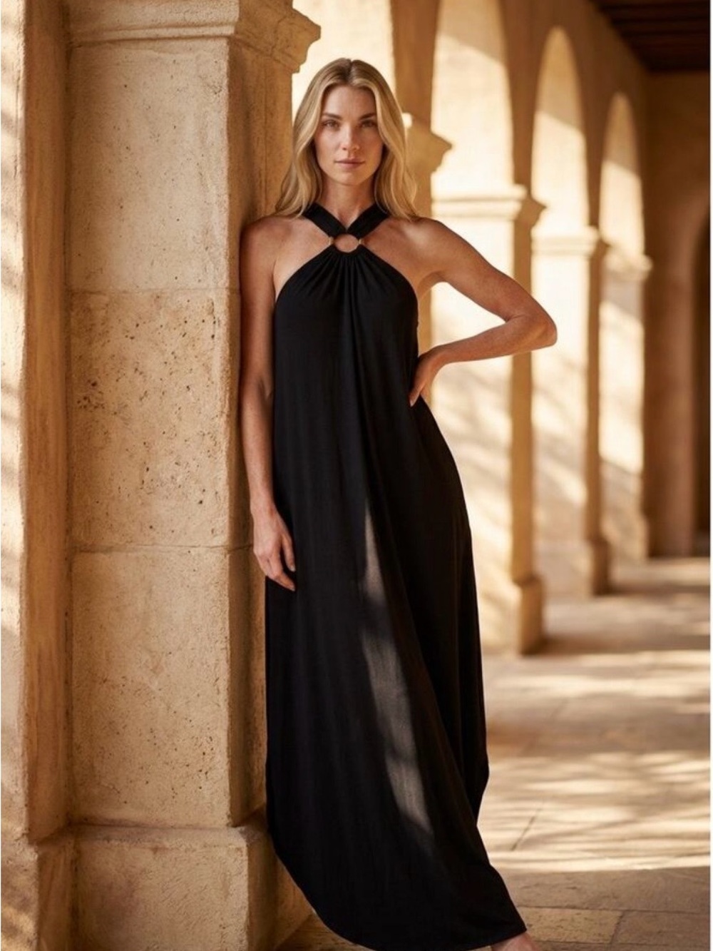 Sleeveless Black Halter Maxi Dress with Ring Detail